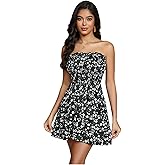 SOLY HUX Women's Floral Print Mini Tube Dress Strapless A Line Shirred Flowy Vacation Dresses