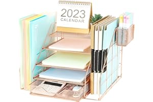 Spacrea 5-Tier Paper Letter Tray Organizer with File Holder - Office Desk Accessories & Workspace Organizers with Drawer and Pen Holder, Cute Desk Organizer for Office Supplies (Rose Gold)