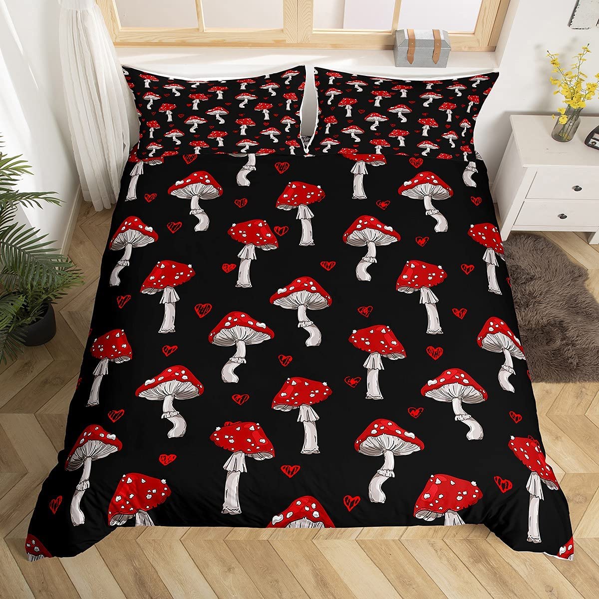 Mushrooms Bedding Set Single Size Cute Red Mushroom Duvet Cover Kids Girls Cartoon Botanical Plants Comforter Cover Child Kawaii Natural Wild Fungus Bedding & Linen Red Black Bedding & Linen — image 1