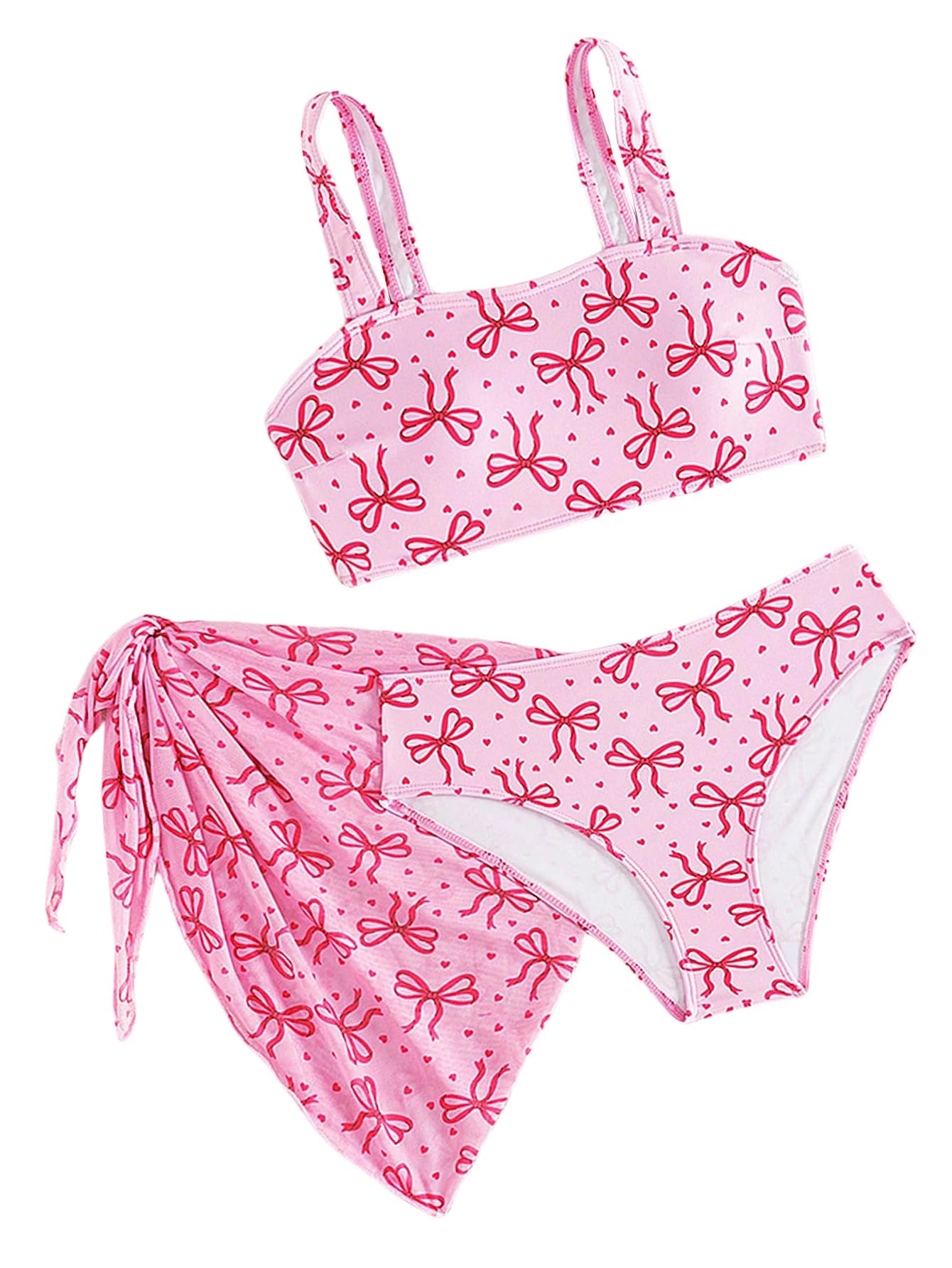 Photo 1 of MakeMeChic Girl's 3 Piece Bikini Set Bow Summer Bathing Suit with Cover Up Skirt Pink 12Y