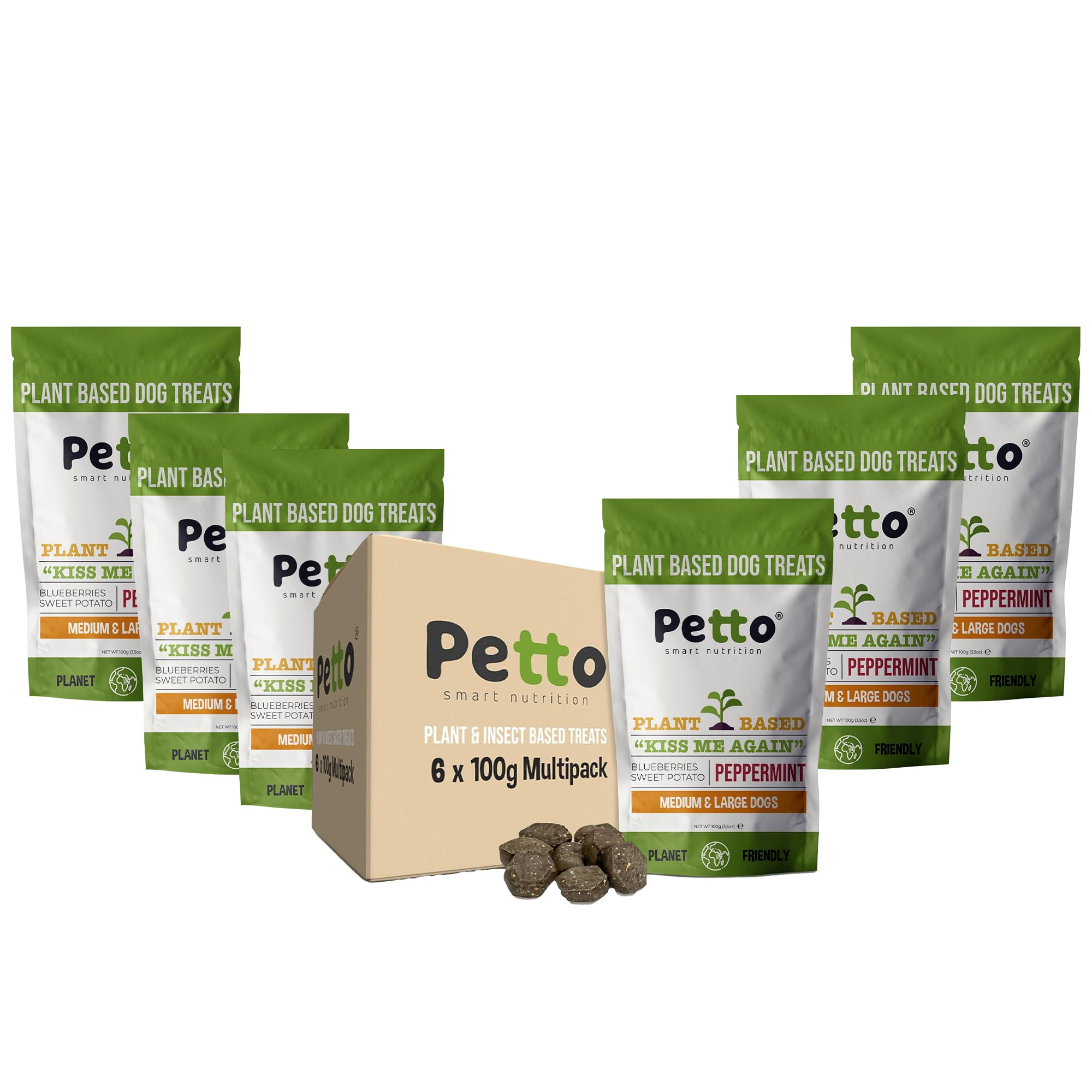 Petto Plant-Based Hypoallergenic Dog Treats 6 x 100g | Healthy & Meat-Free Training Bites | Human Grade & Bakery Made with Peppermint, Sweet Potato & Blueberries