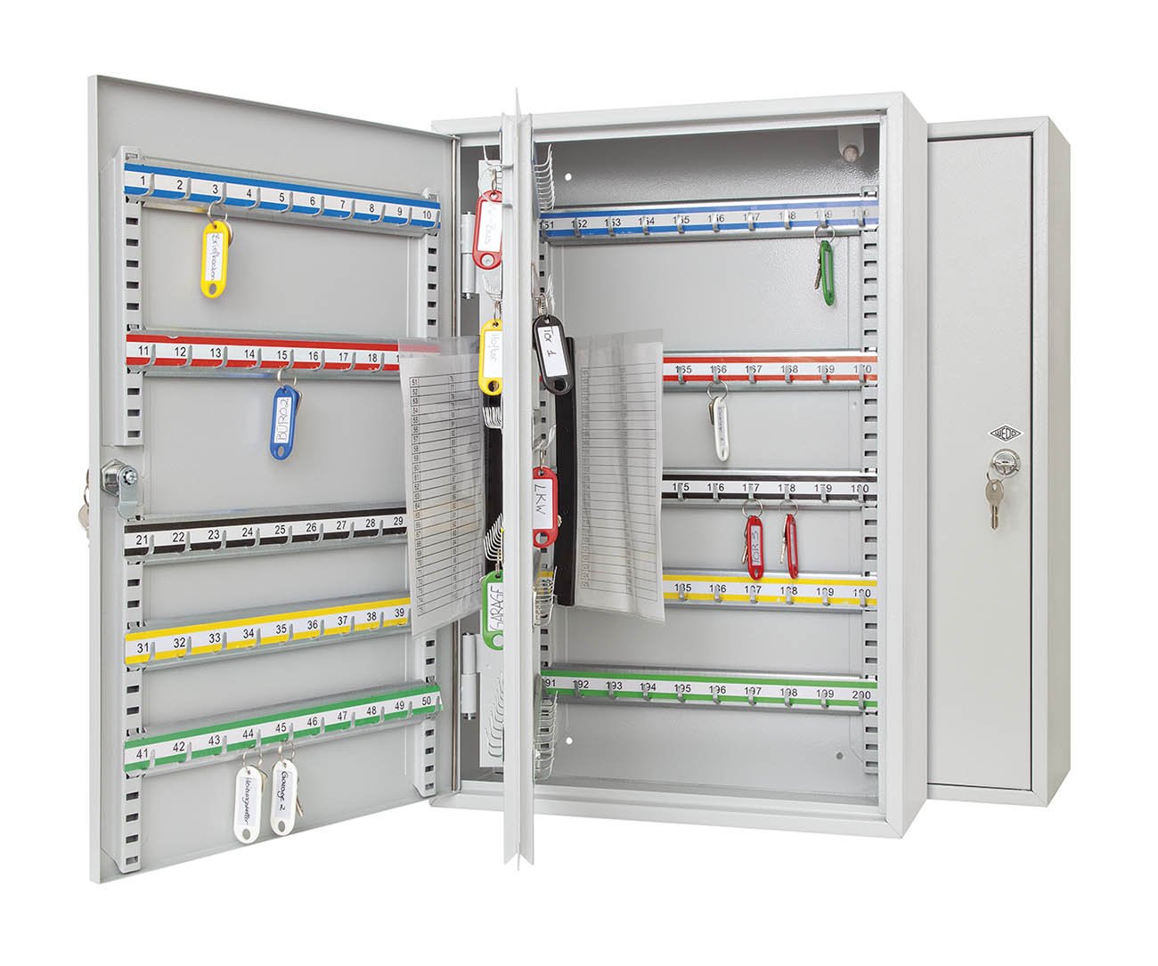 Wedo 10272037X Key Cabinet for 200 Hooks, Powder-Coated Sheet Steel, 38 x 14 x 55 cm, Safety Lock Including 2 Keys, Hook Rail Individually Adjustable) Light Grey