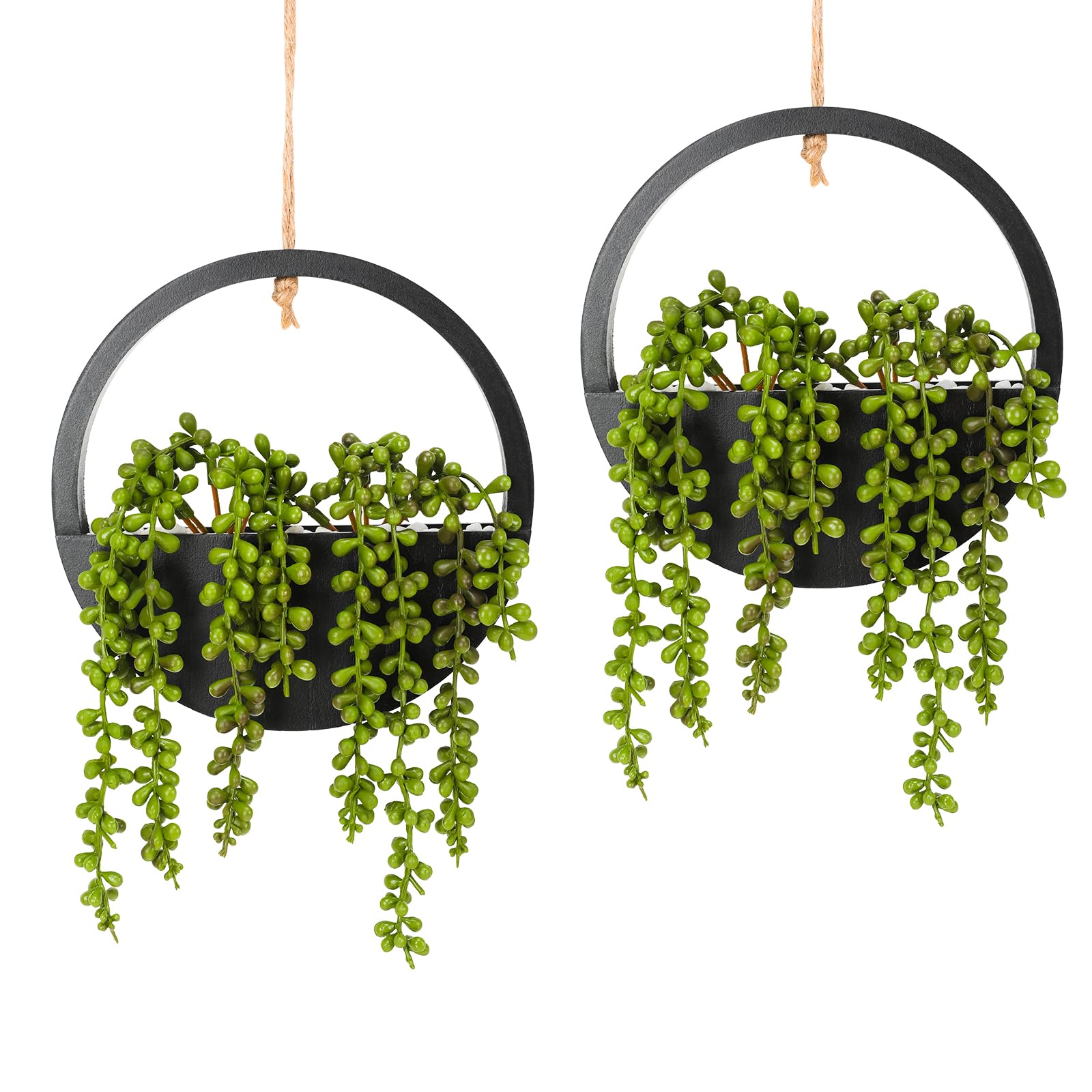 Hobyhoon Hanging Plant Artificial Succulents Fake String of Pearls Plants 12.2'' in Wooden Pot for Indoor Outdoor Wall Decor (Black-2pcs)
