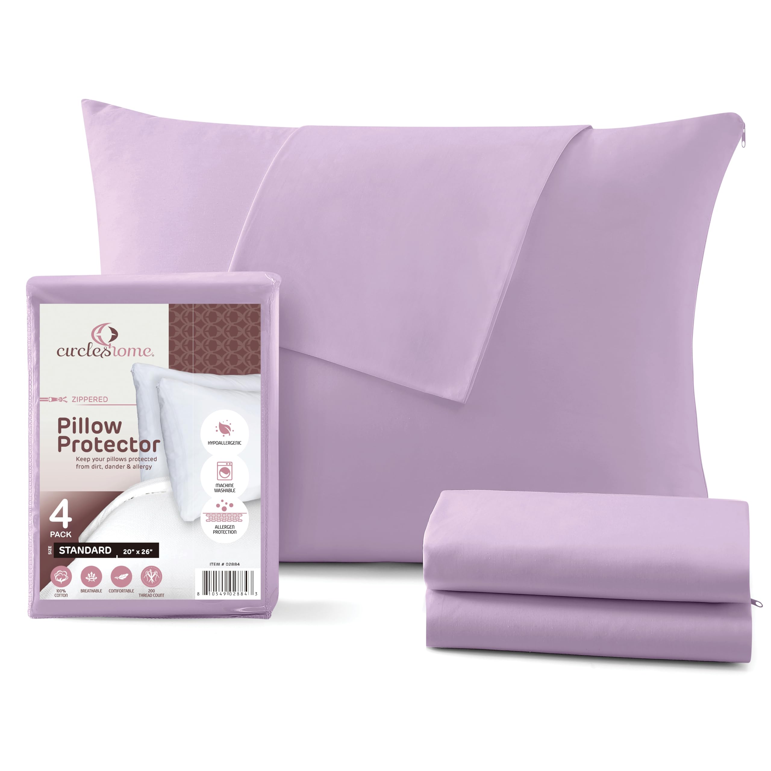 CirclesHome Pillow Protectors 4 Pack Standard Zippered - 100% Cotton Breathable Pillowcases - Protects Pillows from Dirt, Dust and Debris (Standard - Set of 4 - 20x26)