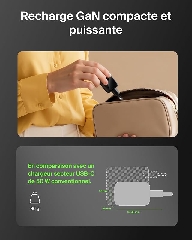 Chargeur USB C Multiple, 50 W, Chargeur Secteur GaN 2 Ports, Recharge Rapide pour MacBook, iPhone 17, iPad Pro, Chromebook, Galaxy S25 Ultra, Pixel 10, etc. - Accessoires de Voyage - Noir