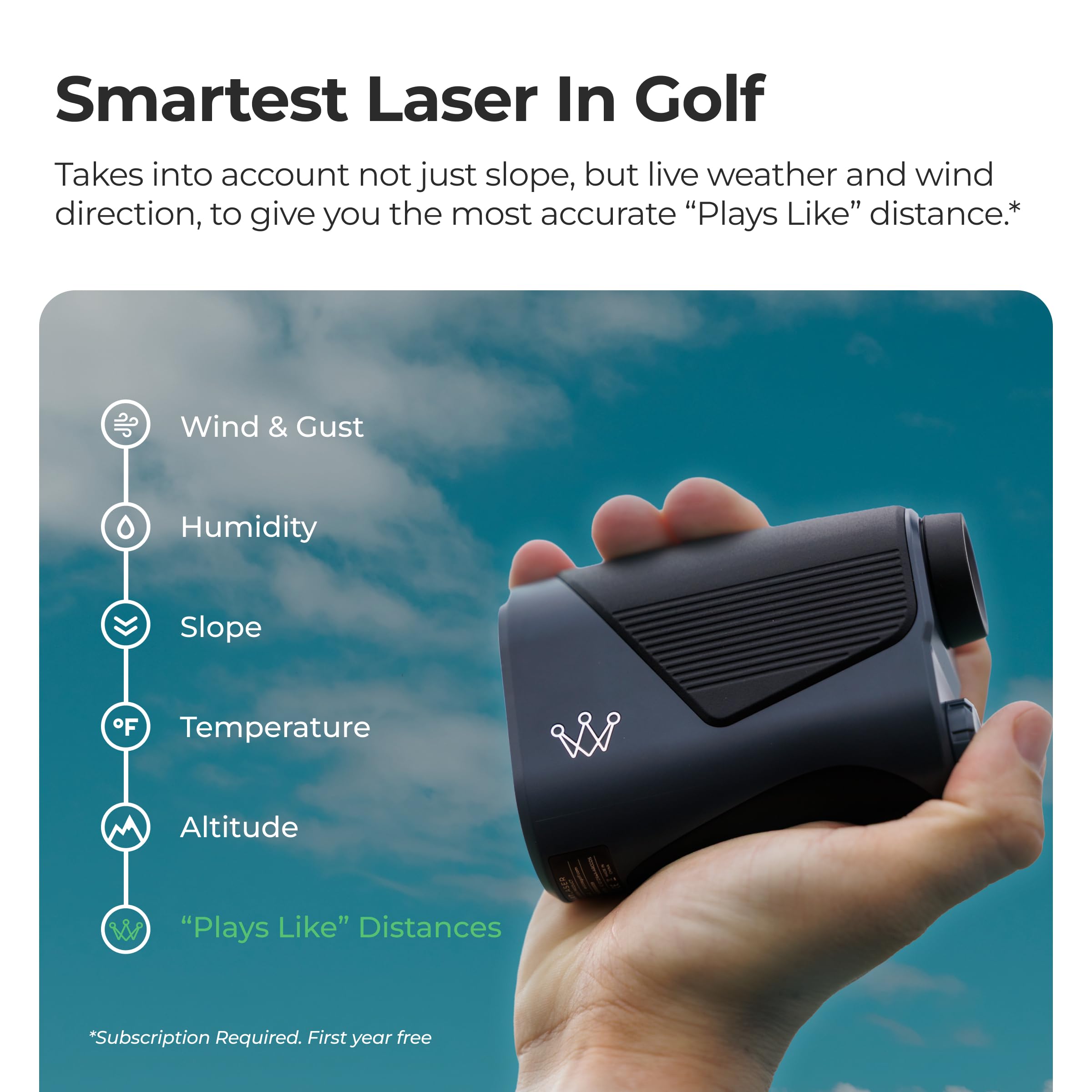 Condition photo showing New/Like New for arccos smart laser rangefinder with slope & wind – golf ai-powered “plays like” distances, ai strate