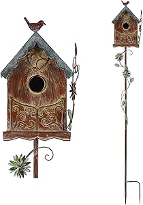 MOCOME Outdoor Metal Bird House Stake, Baroque House with Flower Design, Rustic Decorative Garden Stake Distressed Birdhouse for Outside, Yard(Brown)