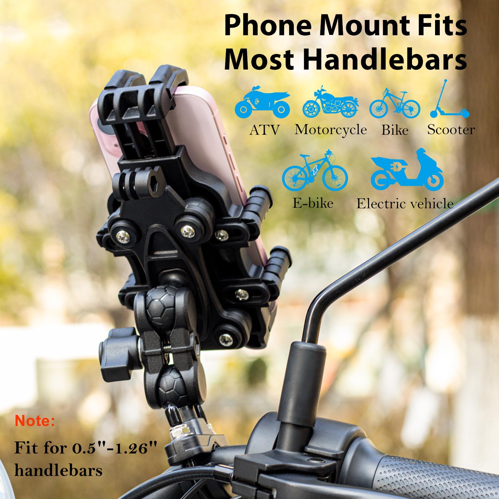 EMERK Motorcycle Phone Mount Holder - [Dual Vibration Dampener] [Anti-Shake Anti-Theft] Bike Phone Holder, Adjustable Handlebar Cellphone Cradle for Bicycle Road Scooter ATV Fit 4.7''-7.2'' Smartphone