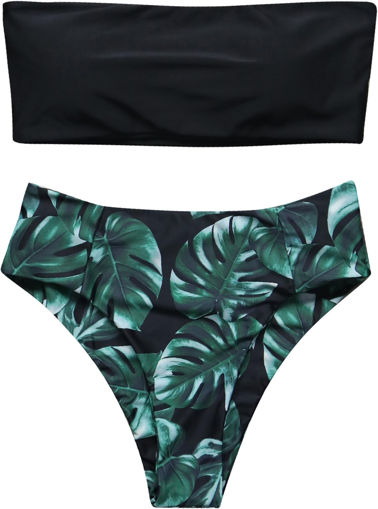 Women High Cut Bandeau Tropical Leaf Printed Strapless Swimsuits Bikini Set