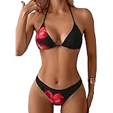 MakeMeChic Women's Polka Dots Triangle Thong Bikini Sets Floral Cute Bathing Suit Swimsuits
