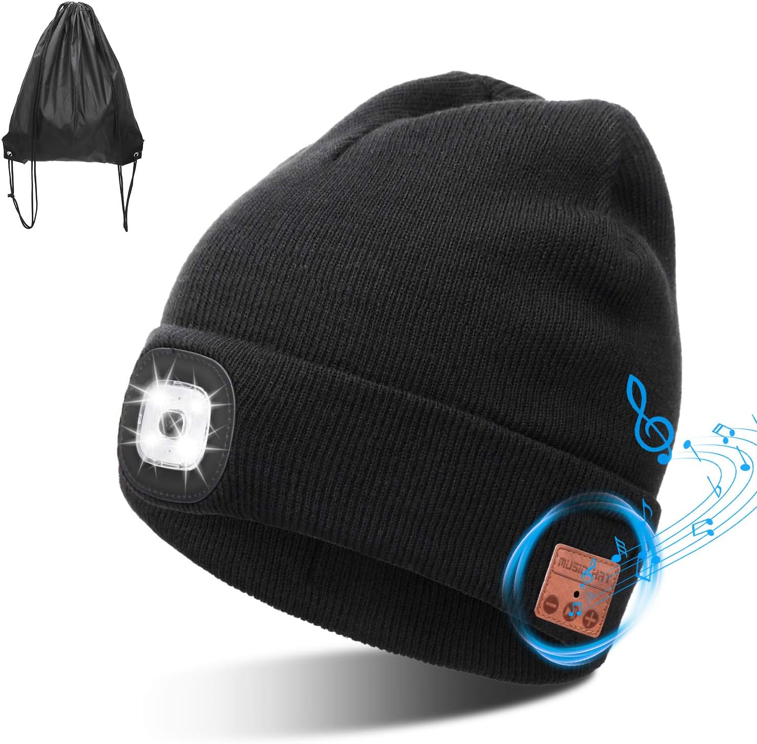Wireless Bluetooth Beanie Hat for Men Women With Light, Music Hat with Bluetooth Headphones, Winter Cap with Rechargeable LED Headlamp, Unique Christmas Stocking Stuffers Gifts For Men Dad Boyfriend