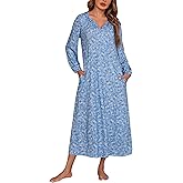 Marvmys Womens Cotton Long Sleeve Nightgown Long Sleepshirts Full Length Henley Sleep Dress with Pockets