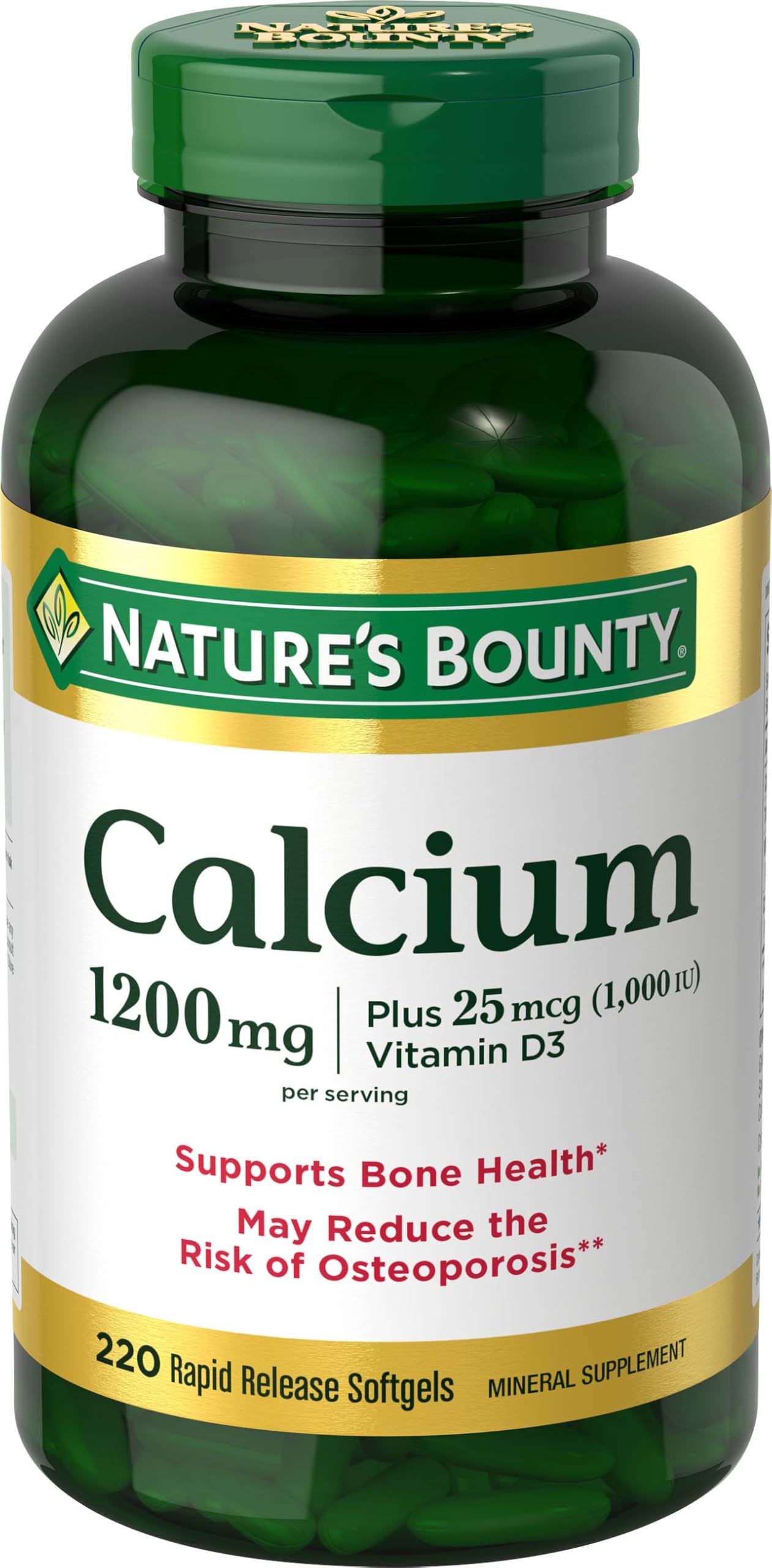 Nature’s Bounty Calcium 1200 mg with Vitamin D3, Bone Health & Immune Support, Vitamin D3 1000 IU, 220 Softgels