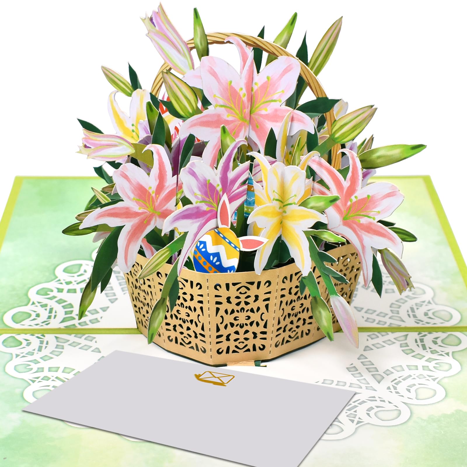3D Pop Up Easter Card, Elegant Easter Lily Basket with Intricate Floral Design, Includes Decorated Easter Egg, Blank Note & Envelope, Easter Greeting for Family Friends Adults & Floral Card Lovers