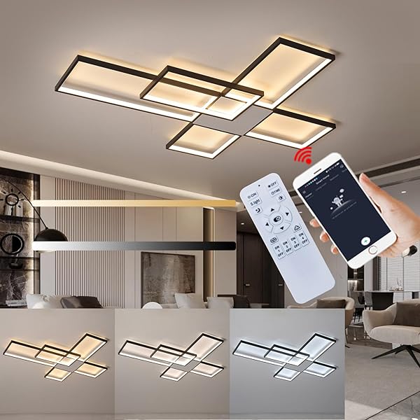 VLASTTI DIMMABLE WITH REMOTE CONTROL LED CEILING LIGHT 3000K-7000K FLUSH MOUNT LUMINAIRE BLACK FINISHED CHANDELIER FOR LIVING ROOM DINING ROOM BEDROOM KITCHEN (BLACK-FH102B-L)