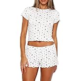 Lacozy Cute Pajamas for Women Set 2 Piece Short Sleeve Pjs Floral Graphic Crop Top Y2K Summer Sleepwear Lounge Set