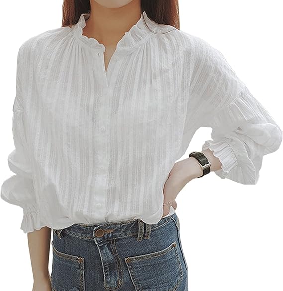 Amazon Ensasa Fashion ブラウス レディース 綿 長袖 白 フリル袖 ９分袖 フリル立ち襟 無地 トップス ホワイト フリーサイズ シャツブラウス シャツ ブラウス 通販