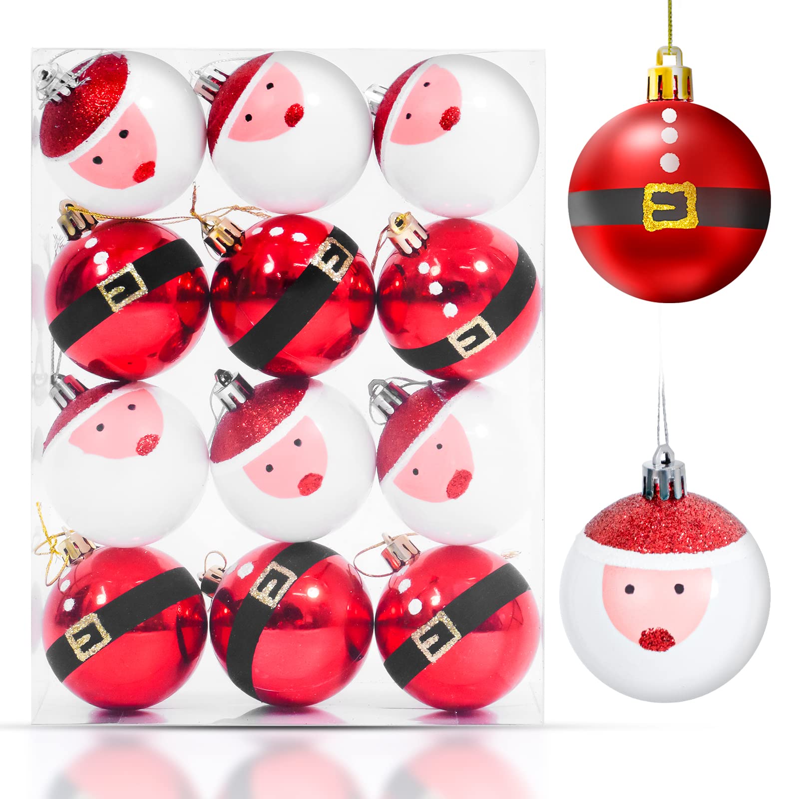 6cm 12pcs Santa Claus Christmas Ball Ornaments Set Decorative Tree Baubles Pendants for Holiday Wedding Party Xmas Decoration White and Red