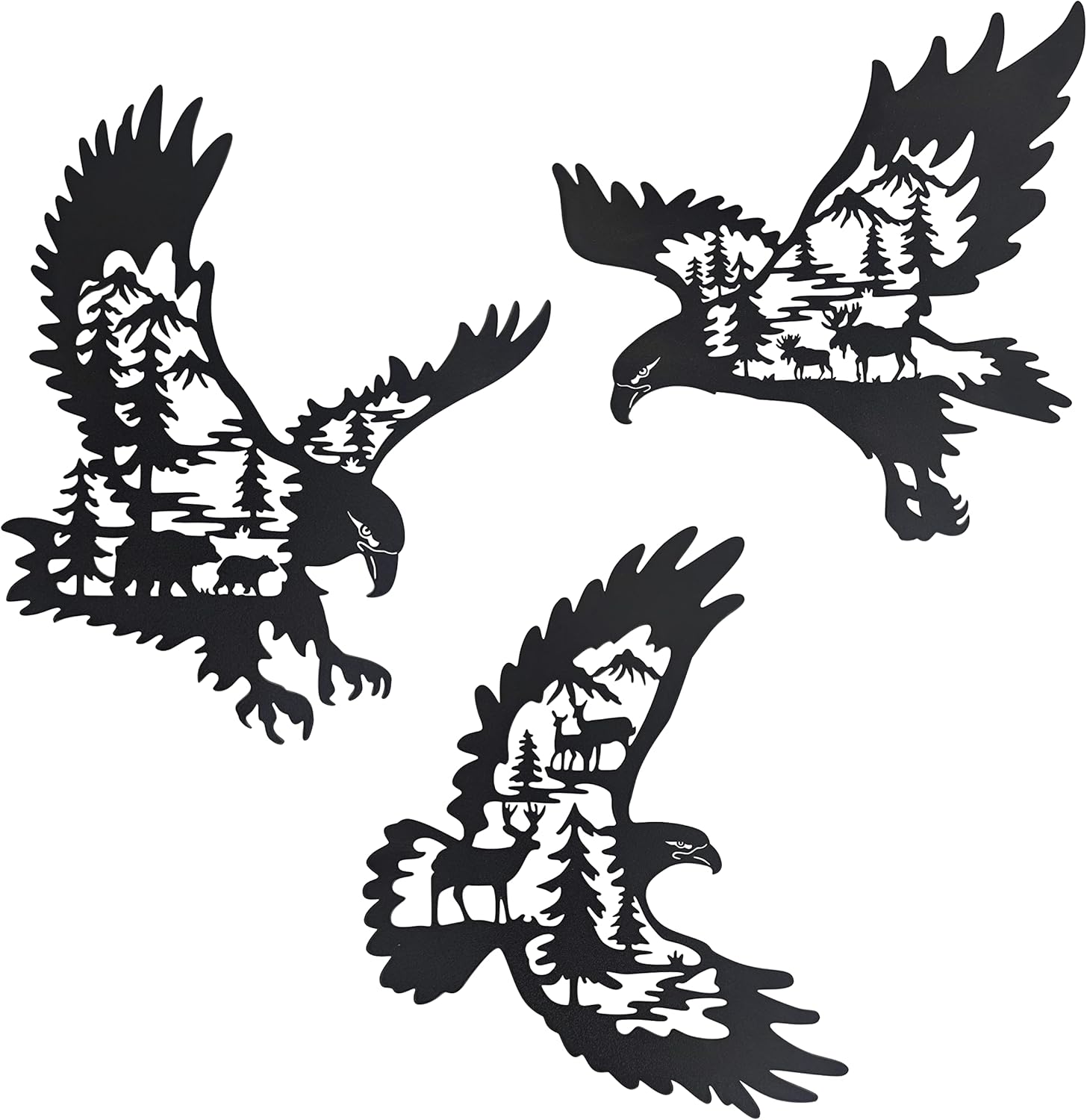 Plaques & Wall Art - Metal Eagle Wall Art Decor Set of 3,Bald Eagle Wall Decor with Bear Deer Elk Silhouette Pattern, Indoor Outdoor Forest Lodge Hunting Decoration, for Bedroom Living Room Garden Fence Patio Farmhouse Decoration- Black