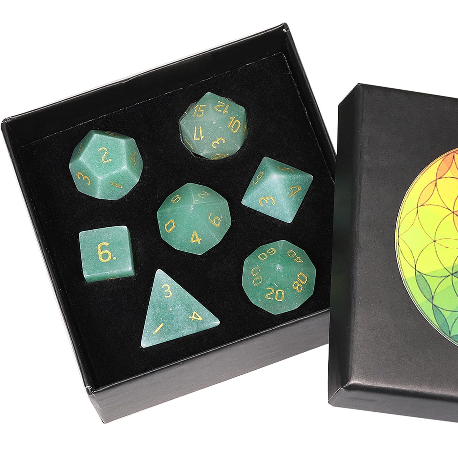 Nupuyai 7pcs Green Aventurine Crystal Polyhedral DND Dice Set for RPG MTG Table Games, Polished Tumbled Stones Dices with Box for Home Decor — image 1
