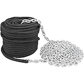 NovelBee 3/8 Inch x 50 Feet Double Braid Nylon Rope with 1/4 Inch x 15 Feet Galvanized Chain for Boat Anchor Rope and Dock Line (Black)