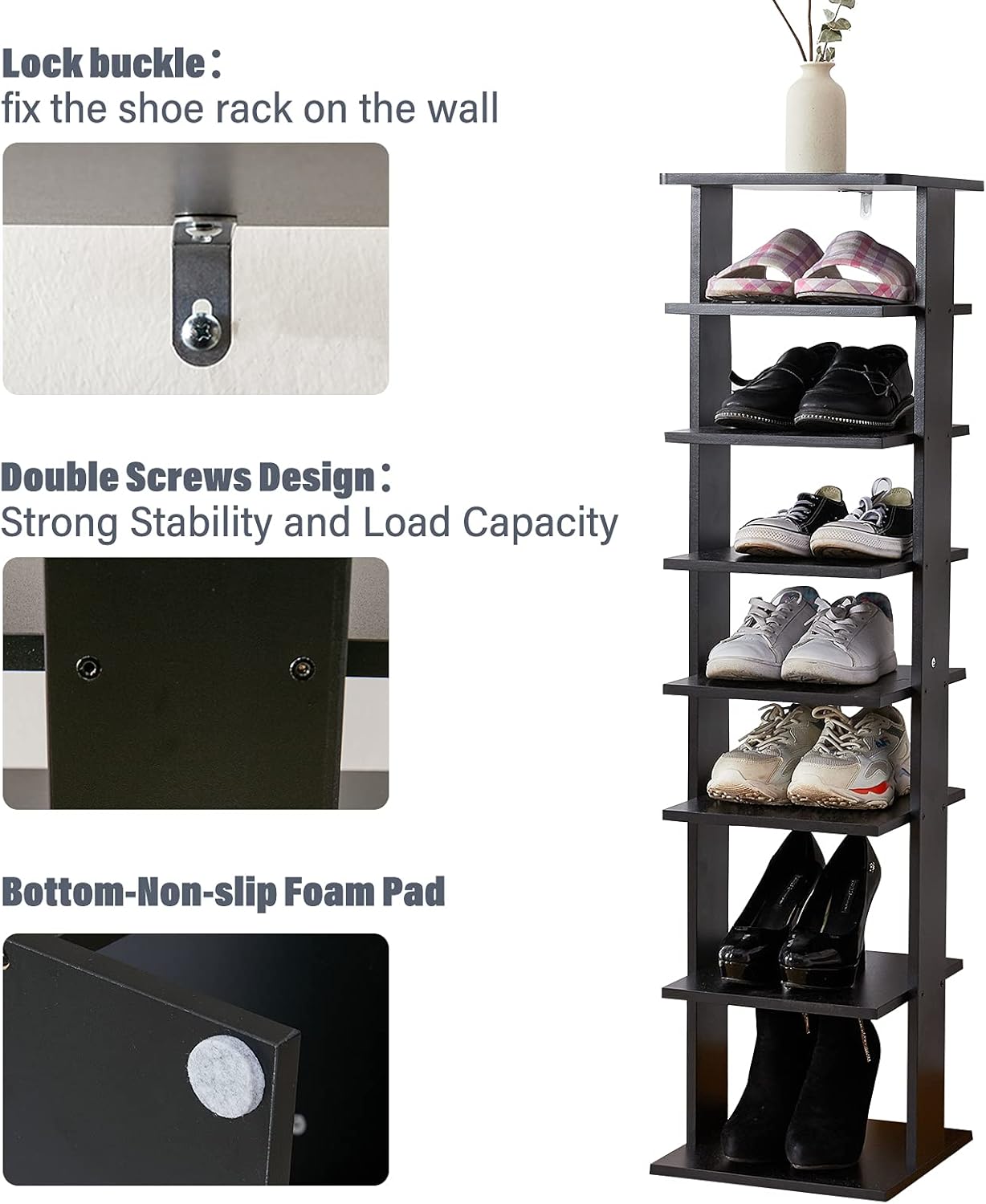 bamboo shoe rack amazon on Amazon Com Lipo Shoe Racks 7 Tier Vertical Shoe Organizer Modern Storage Shelves For Entryway Bedroom Closet Door Black Wood Shoe Cabinet Home Improvement