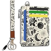 Hancynir Goth Moon Floral Slim Wallet Women Credit Card Holder, RFID Blocking Front Pocket Wallet Wristlet Keychain Lanyard, Small Cute Mini Card Case, Thin Travel Zipper Coin PU Leather Ladies Gifts