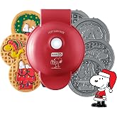 Peanuts x Dash Snoopy Holiday MultiMaker Mini Waffle Maker, Ceramic, Red | Festive Waffles Kids Love; Removable Plates Make Doghouse Snoopy, Wreath, Woodstock, and Classic for Winter Holidays
