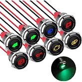 Linkstyle 8PCS 12V LED Indicator Lights, 12mm Waterproof Dash Panel Lamps | 12mm panel cutout, 8 dashboard symbols, 12V/24V DC, IP65 metal housing, 150mm 24AWG wires, car truck RV ATV boat use