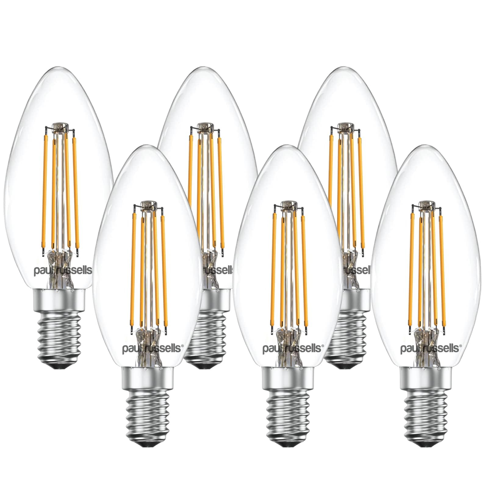 Paul russells LED Filament Candle Light SES Small Edison Screw E14, 40w Equivalent Replacement 4.5W 470LM LED C35 Bulbs, 2700K Warm White, Energy Saving Non–Dimmable Chandelier Lamps, Pack of 6
