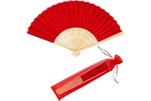 Winlyn 12 Sets Red Silk Hand Fans Chinese Handheld Silk Fans Bamboo Folding Fans Oriental Hand Fans with Bags for Asian Chinese Lunar New Year Party Favors Gift Dance Wedding Festival Holiday Decor