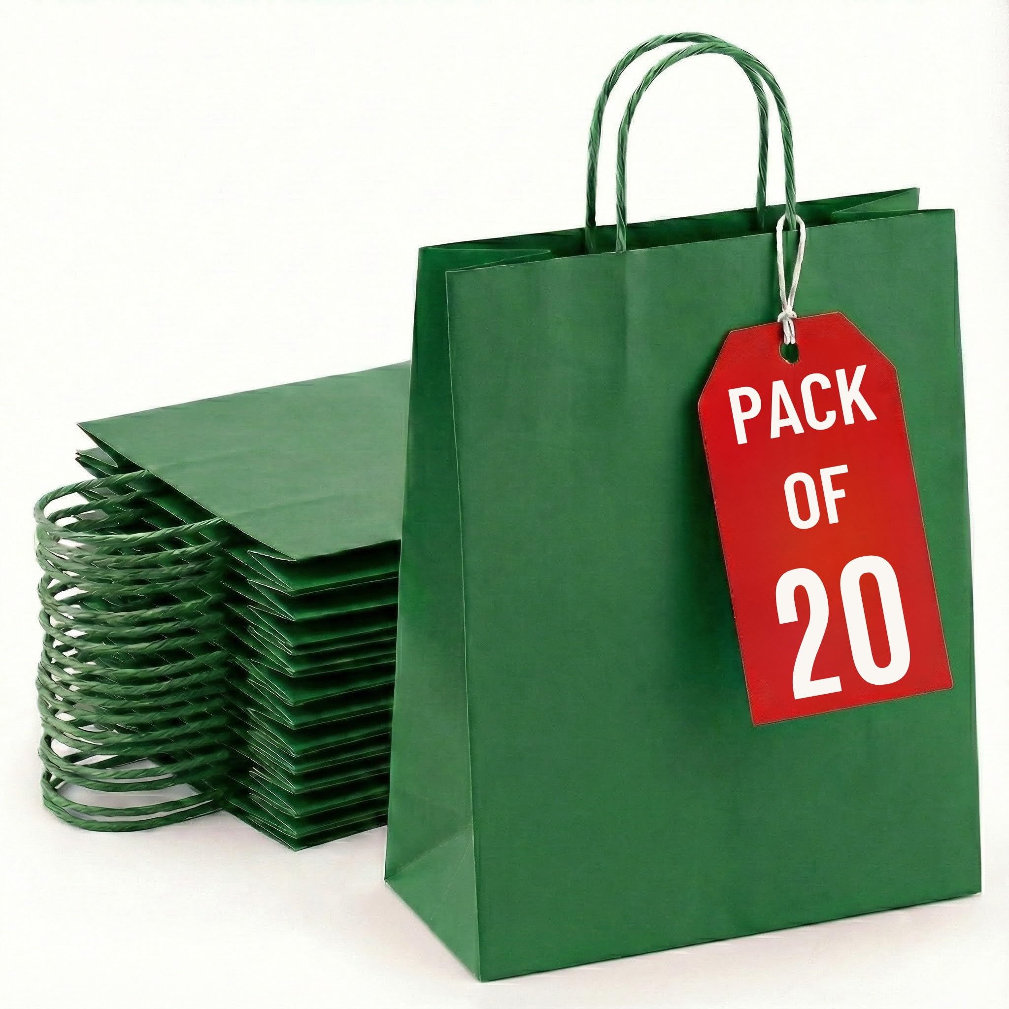XSMALL 20 Pcs Paper party bags for kids party - Gift bags for presents with twisted handles - Green gift bag Ideal for Christmas, Kids Parties, Birthdays, Weddings, Baby Showers (24×18×8 CM)