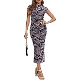 Women's Mock Neck Ruched Floral Mesh Bodycon Maxi Dress Cap Sleeve Tight Fitted Curvy Cocktail Club Party Dresses