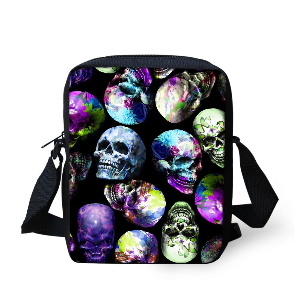 HUGS IDEA Cool Floral Skull Print Small Sling Shoulder Bag Outdoor Travel Sport Casual Messenger Bag Handbags