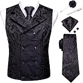 Hi-Tie Mens Silk Double-Breasted Suit Vest Tie Pretied Bowtie Laple Pin and Handkerchief Cufflinks Wedding Business Tuxedo