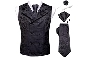 Hi-Tie Mens Silk Double-Breasted Suit Vest Tie Pretied Bowtie Laple Pin and Handkerchief Cufflinks Wedding Business Tuxedo