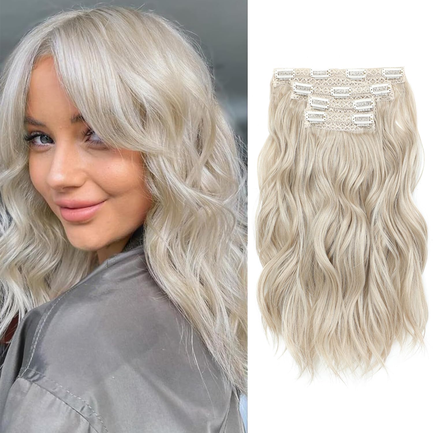 FINE PLUS Hair Extensions Clip in, 4PCS Clip in Hair Extension 14" Short Beach Pearl Blonde Wavy Hair Extensions Invisible Lace Weft Natural Soft Hair pieces for Women(Pearl Blonde)