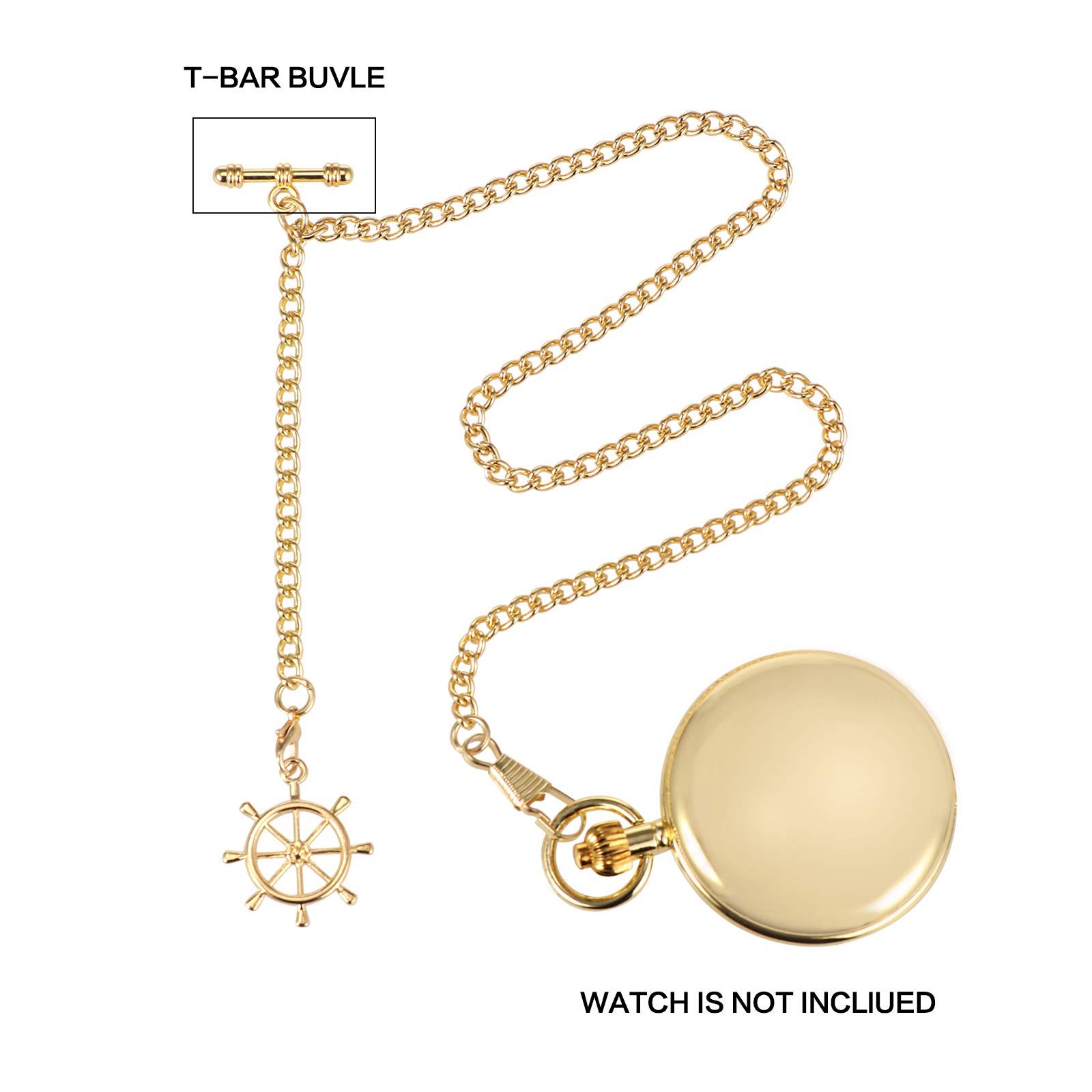 Men's Albert Chain Pocket Watch Curb Link Key Chain 2 Hooks with Antique Rudder Pendant Design Charm Fob T Bar
