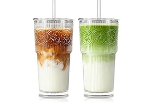 INSETLAN 20oz Ribbed & Floral Glass Tumblers with Lids and Glass Straws, Set of 2 – Iced Coffee Cups, Reusable Drinking Glass
