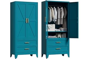 Washsemba 71'' Farmhouse Metal Wardrobe Cabinet with Hanging Rod, 2 Barn Door Wardrobe Closet with Adjustable Shelves,2 Drawer,for Dining Room,Bedroom,Living Room, Cloak Room,Office (Peacock Blue)