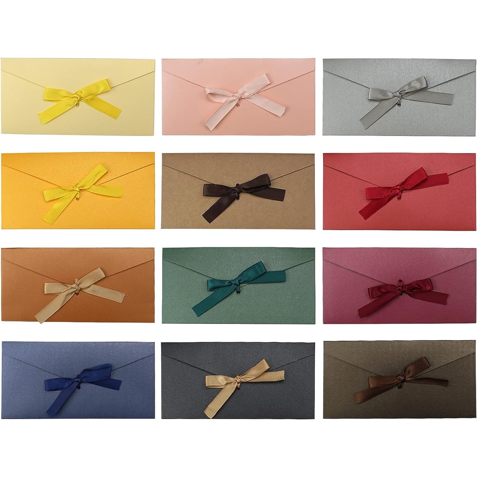 Plstod 12 Pcs Coloured Envelopes, 12 Colour Money Envelopes for Cash Gifts, Bow Money Envelope, Colourful Envelope with Ribbons, Vintage for Thanksgiving Easter Wedding Christmas