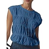Ardrem Women Cap Sleeve Tiered Shirred Bubble Tops Cute Babydoll Blouse Solid Crew Neck Ruched Tee Shirts Smocked Tank Top