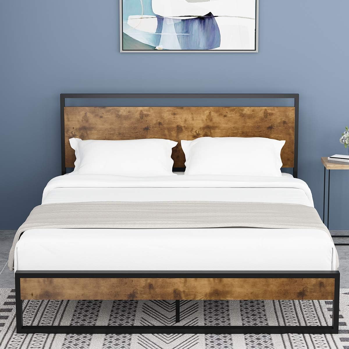 Amooly Queen Metal and Wood Platform Bed with Headboard/Box Spring Optional/Wood Slat Support