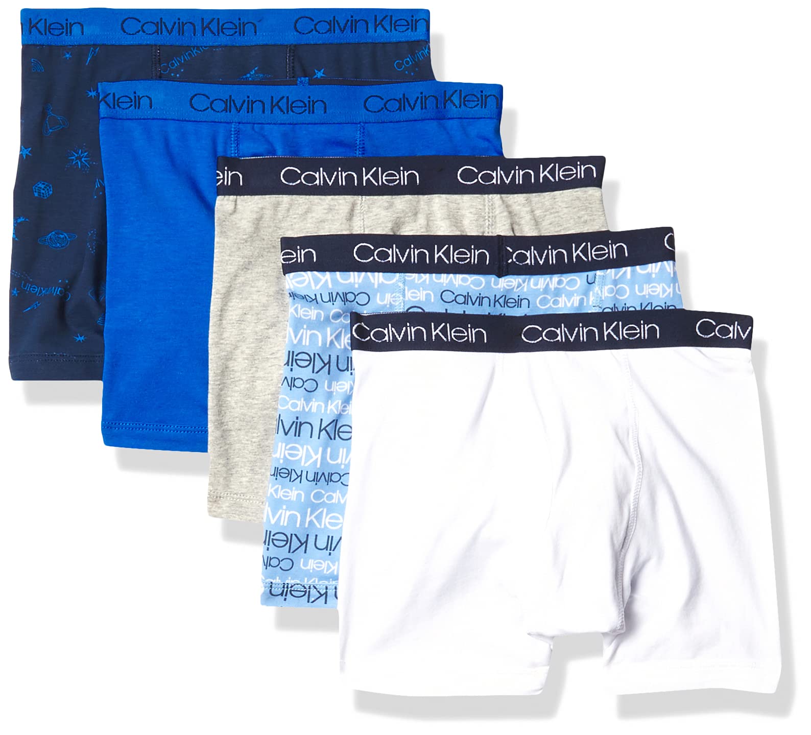 Photo 1 of Calvin Klein Boys Little Modern Cotton Boxer Briefs, 5 Pack White/Blue Logo/Grey/Blue Icon/BlueLarge