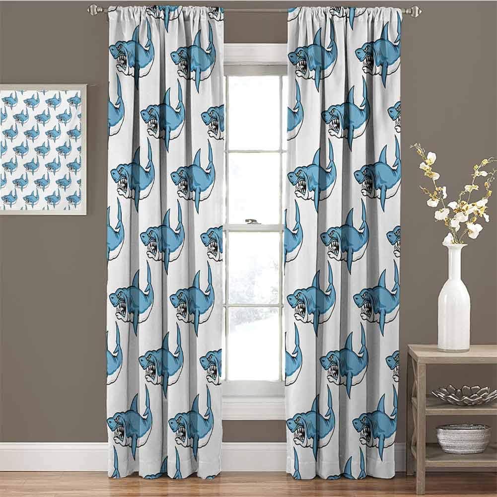 GUUVOR Animals Room Darkened Curtain Fierce Predator Wild Shark Swimming Sharp Teeth Bite Nautical Theme Pattern Insulated Room Bedroom Darkened Curtains W42 x L63 Inch Blue White