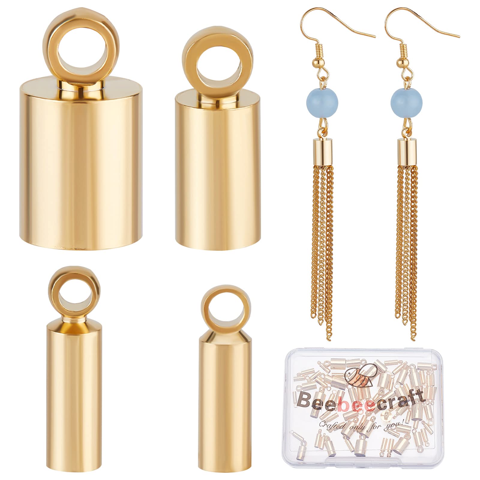 Beebeecraft 80Pcs 1.5/2/3/4.5mm Gold End Caps 24K Gold Plated Brass Cord Ends Column Smooth Crimp End Tip with Hole for DIY Jewellery Making