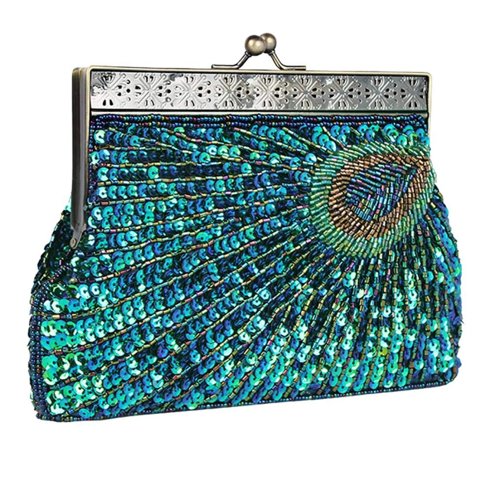 Kwolf Women Peacock Evening Bags Clutch Bags, Vintage Sequin Beaded Clutches Handbags, Purse Evening Clutch for Wedding, Party(Peacock Blue)