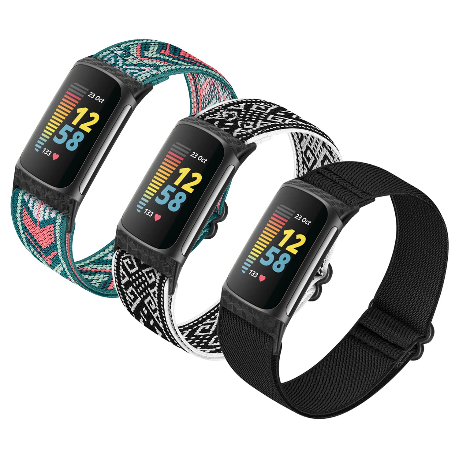 HUYIIO 3 Pack Adjustable Elastic Watch Strap Compatible with Fitbit Charge 5 Straps, Soft Breathable Nylon Sport Band Stretchy Replacement Wristband For Women Men — image 1