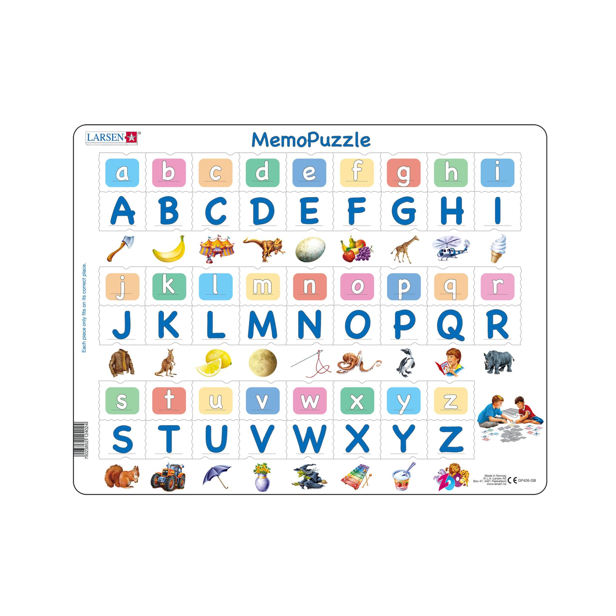 Larsen GP426 MemoPuzzle The Alphabet Puzzle with 26 Upper & Lower Case Letters, 52-Piece Boxless Tray & Frame ABC Puzzles for 6 Year Olds & Up, English Edition