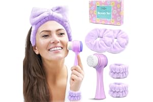 my novel things Spa Headband for Washing Face, Skincare headband and wristband set, Facial Cleansing Brush, 2-in-1 Skin Care face Brush, Come with a Hair Scrunchie For Massaging Makeup Skincare-Purple